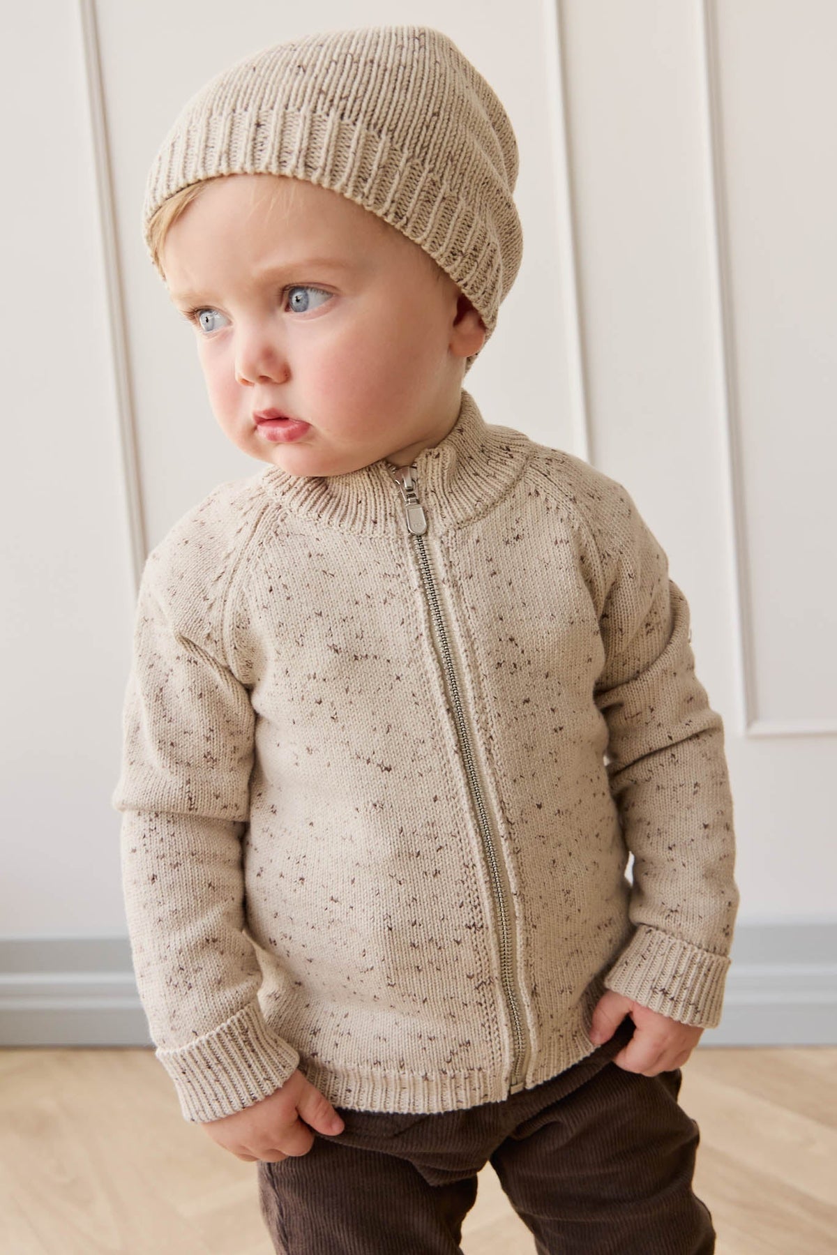 Dean Gebreid Rits Jasje - Oatmeal Shitake Dot - Arlina kinderkleding