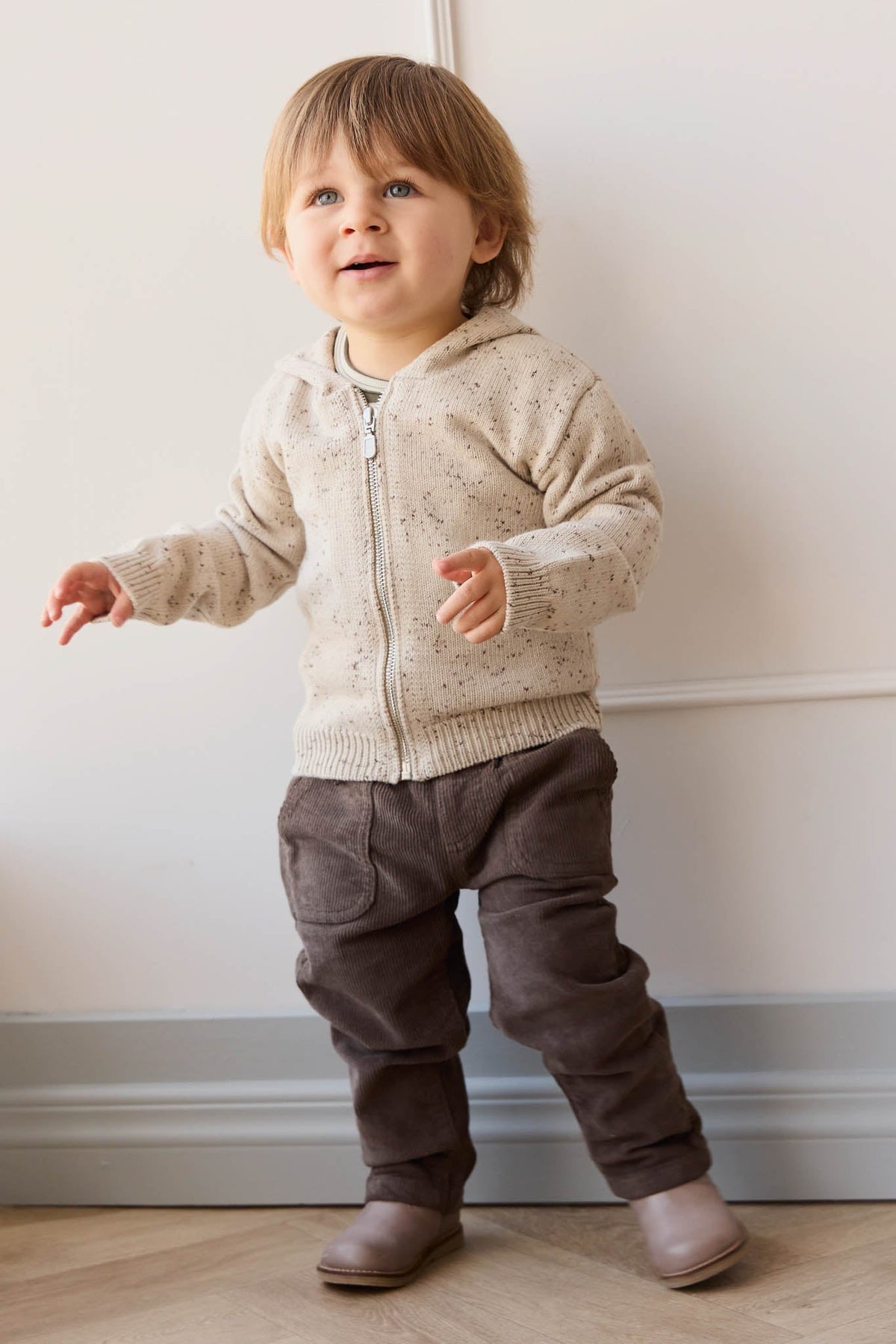 Dillon Gebreide Rits Hoodie - Oatmeal Shitake Dot - Arlina kinderkleding