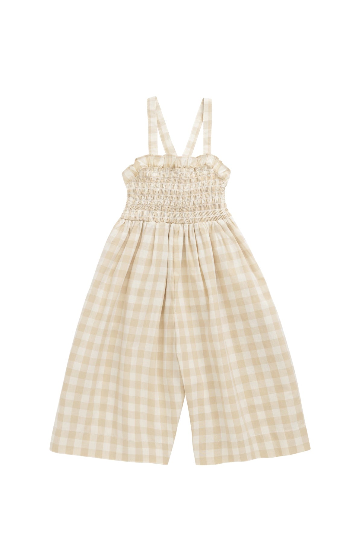 Biologisch Katoenen Arabella Jumpsuit - Gingham Pale Khaki - Arlina kinderkleding - detail