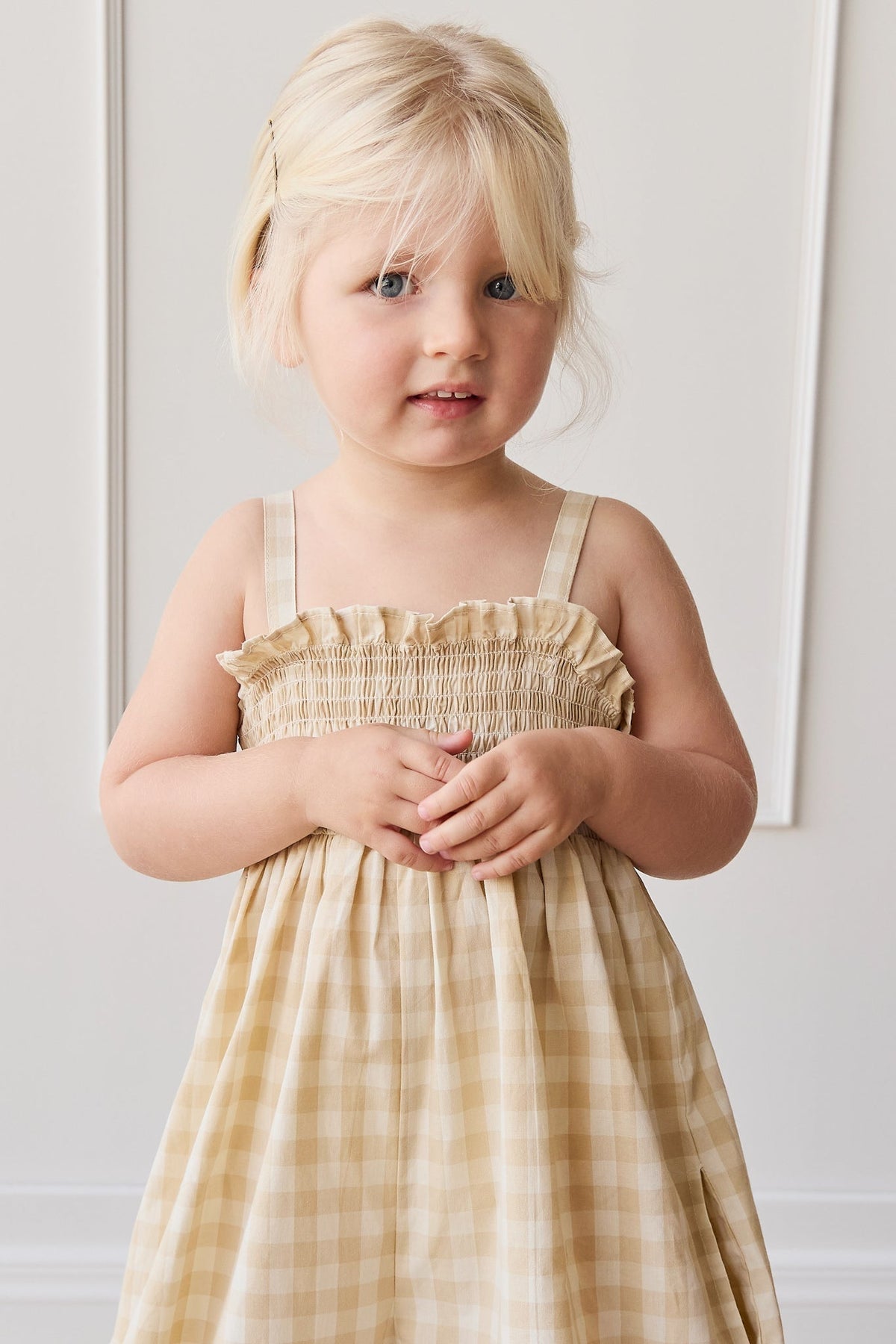 Biologisch Katoenen Arabella Jumpsuit - Gingham Pale Khaki - Arlina kinderkleding
