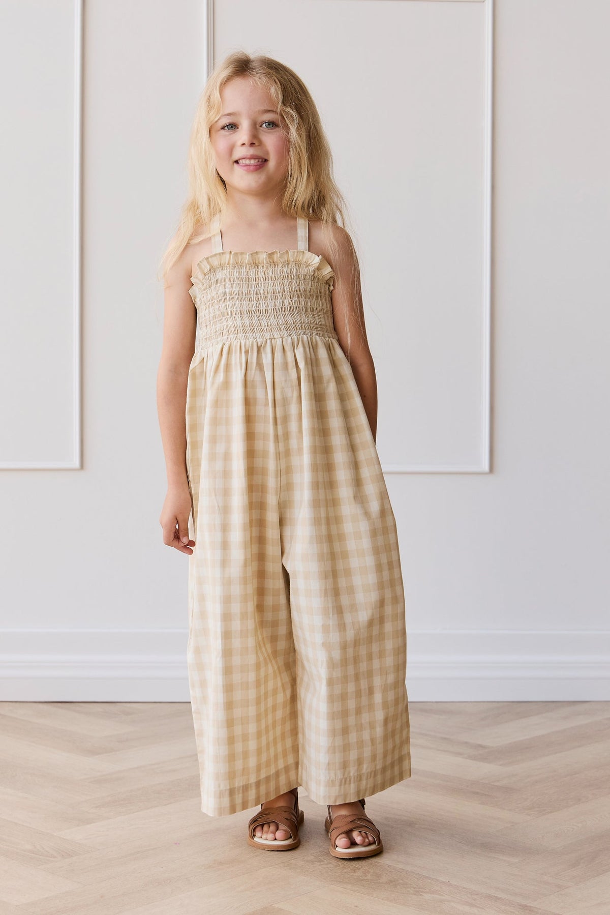 Biologisch Katoenen Arabella Jumpsuit - Gingham Pale Khaki - Arlina kinderkleding