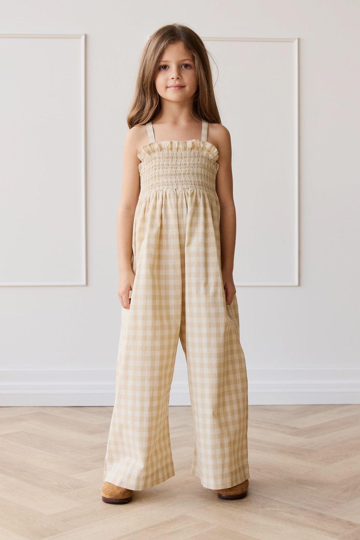 Biologisch Katoenen Arabella Jumpsuit - Gingham Pale Khaki - Arlina kinderkleding